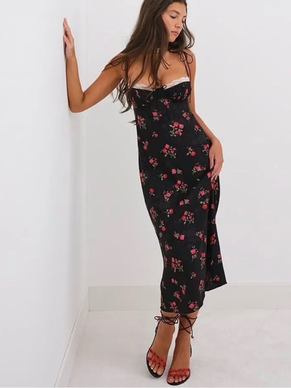 For Love & Lemons Black Midi Slip Dress with Pink Floral Print